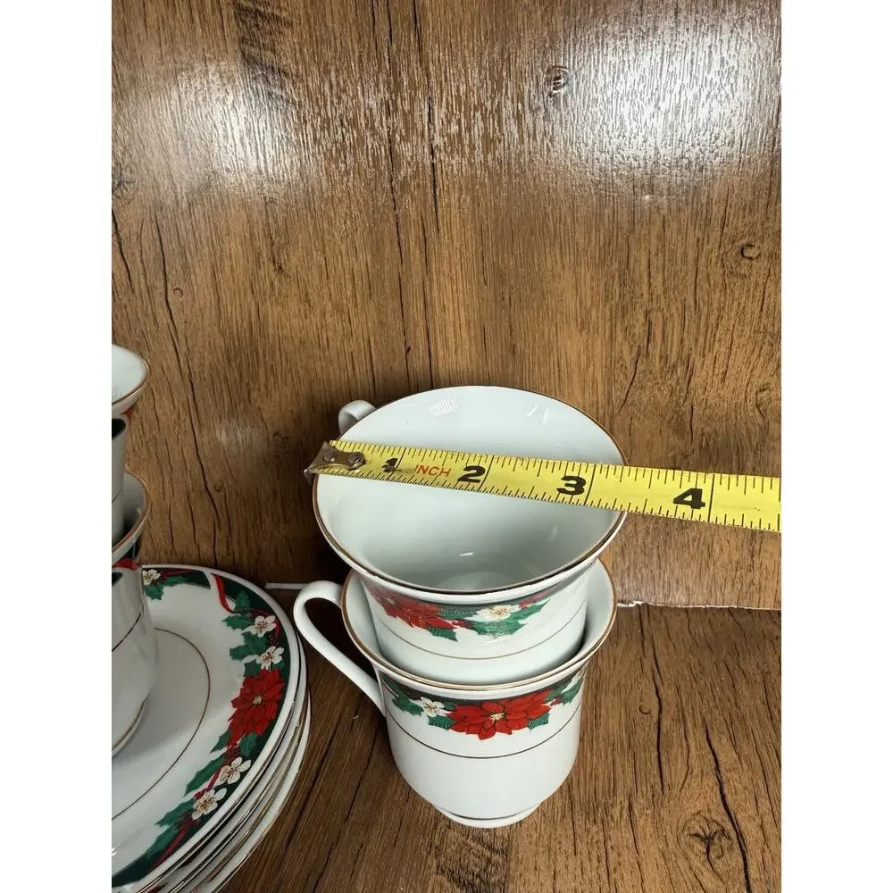 4 TIENSHAN Deck The Halls Tea Coffee Cups & Saucers Christmas Poinsettia